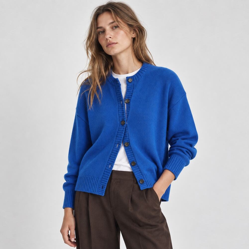Naadam Cotton High Neck Cardigan Womens Blue Soft Knit Button Front Casual - Picture 2 of 9